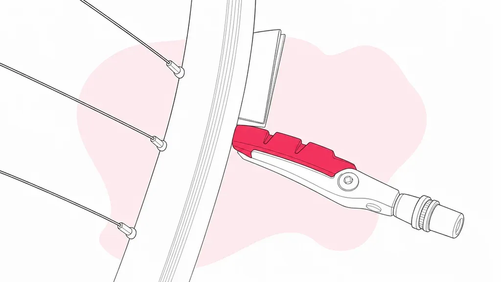 Rim brake pad set with toe-in: the front edge touches the rim first and a folded card sits behind the rear of the pad