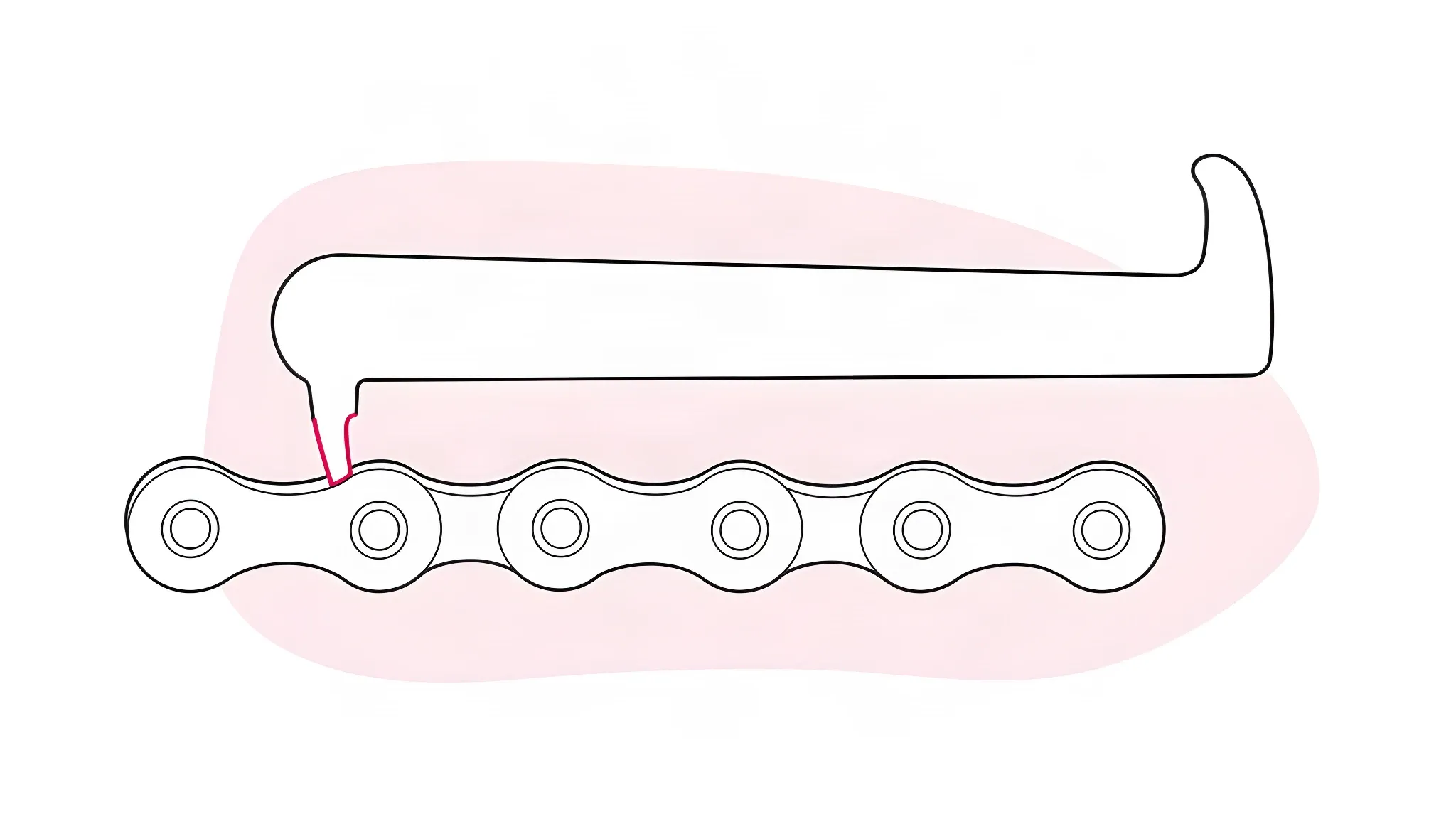 Chain wear checker hooked into a bicycle chain, its tip resting in the gap between two rollers
