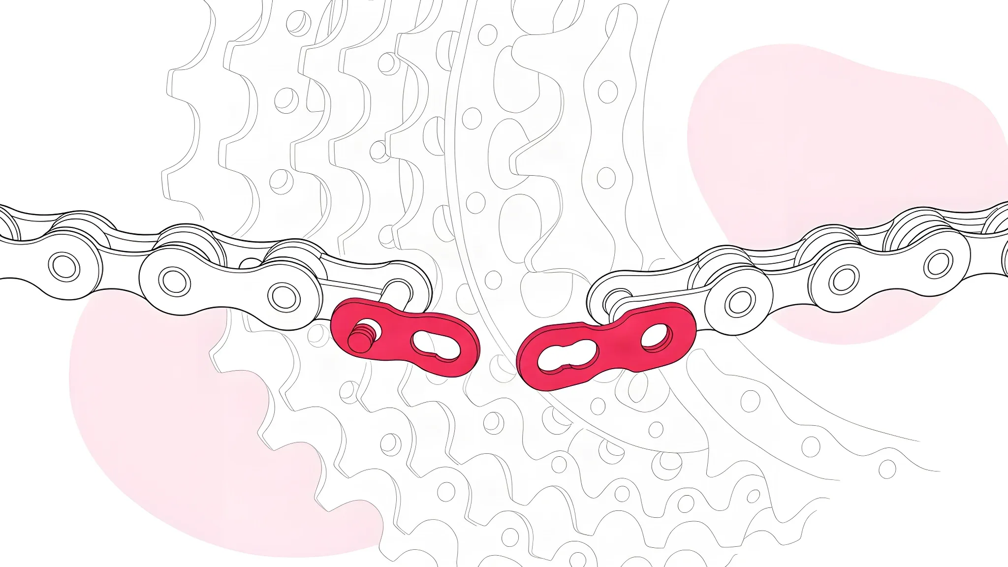 Illustration: the two halves of a chain quick link being joined between two inner links, with the cassette behind