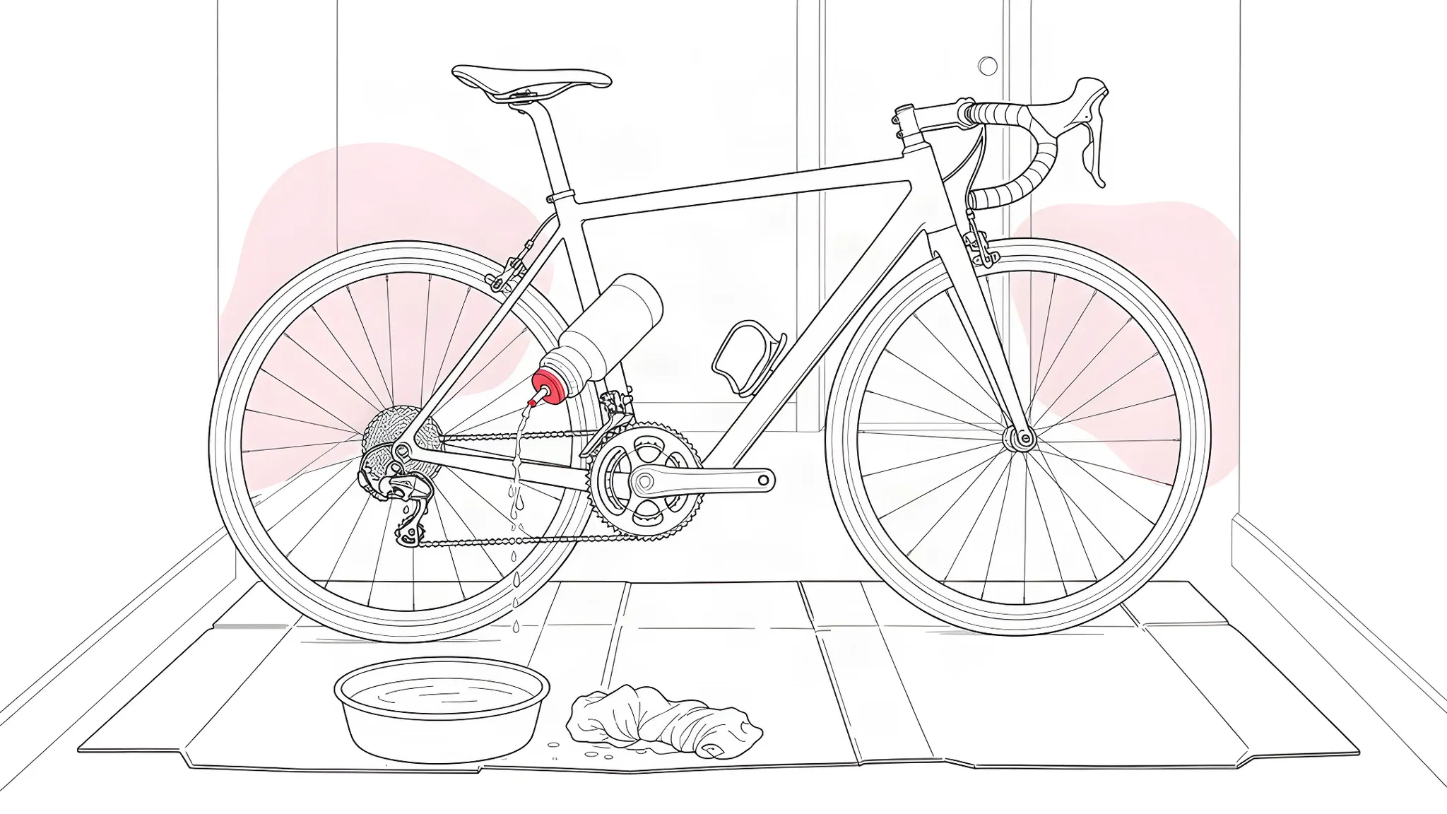 Bicycle standing on a folded cardboard sheet in a narrow hallway, with a bowl of water, a wrung-out cloth and a water bottle squeezed over the chain