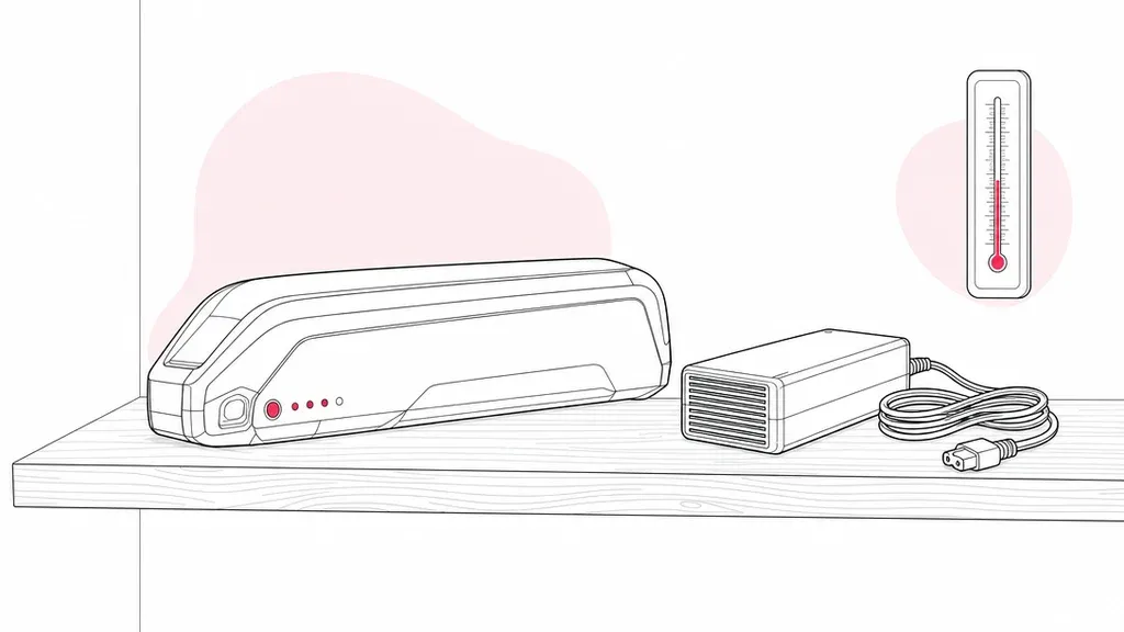 E-bike battery stored on an indoor shelf at part charge, with a wall thermometer beside it and the charger unplugged