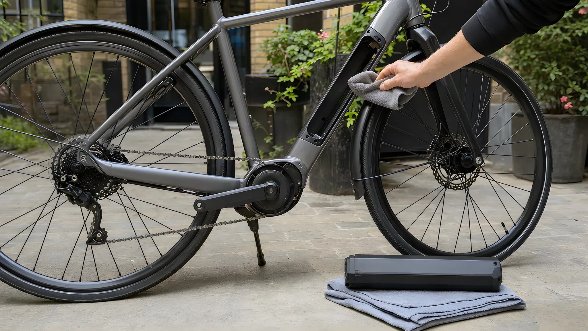 City e-bike with a mid-drive motor on its kickstand in a London courtyard, the down-tube battery out and lying on a folded towel while a hand dries the empty battery mount with a cloth