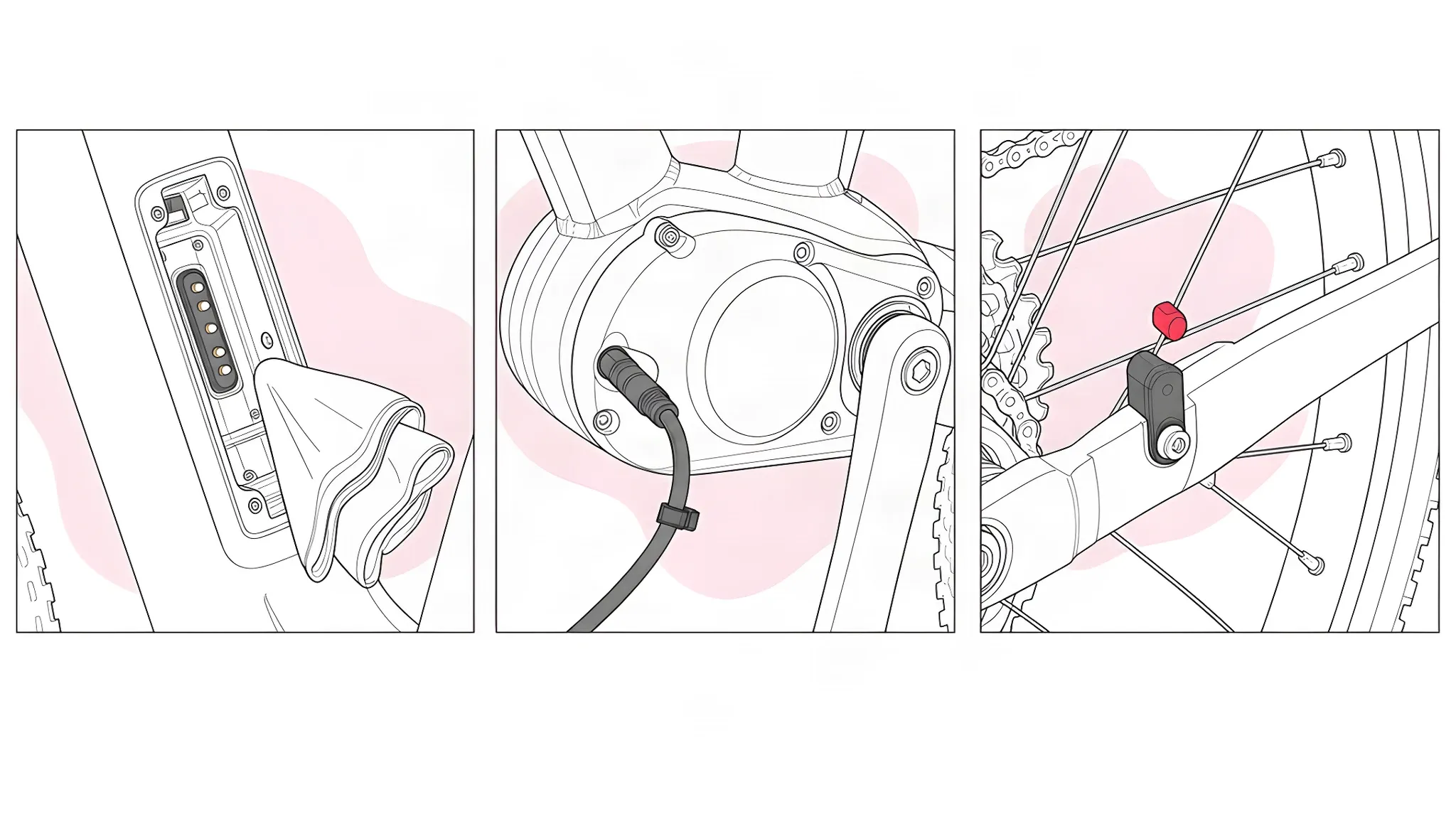 Three close-ups of an e-bike: battery mount contacts wiped with a dry cloth, a cable plugged into the motor housing and held by a cable tie, and a spoke magnet passing a speed sensor on the chainstay