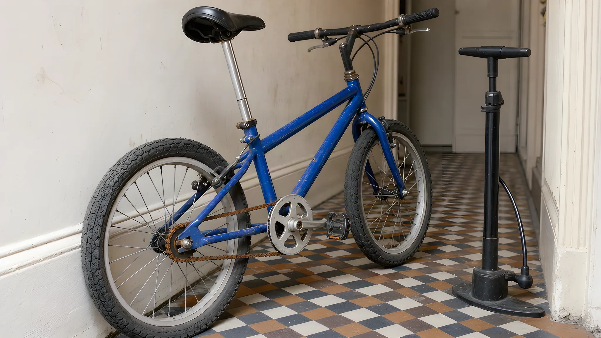 Used child's 20 inch bike leaning against the wall of a tiled London hallway, with an orange rusty chain, the seat post raised high and a track pump beside it