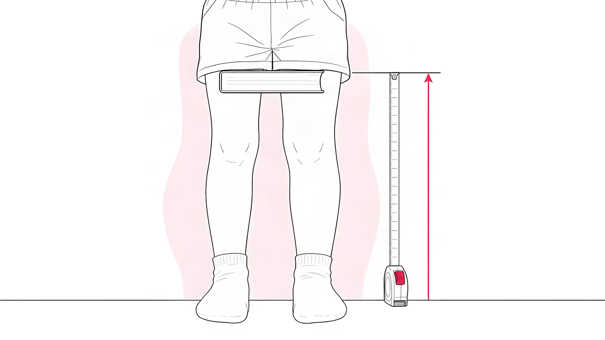 Drawing of a child's legs in socks against a wall, a hardback book held level between the thighs, and a tape measure and arrow running from the floor to a mark level with the top of the book