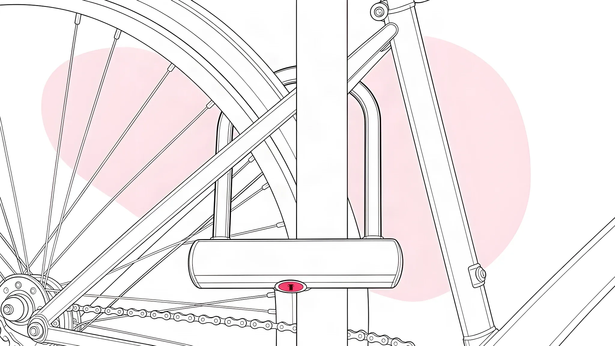 A D-lock shackle passing around a Sheffield stand tube, through the rear triangle beside the seat tube and through the rear wheel rim, with the keyhole facing down