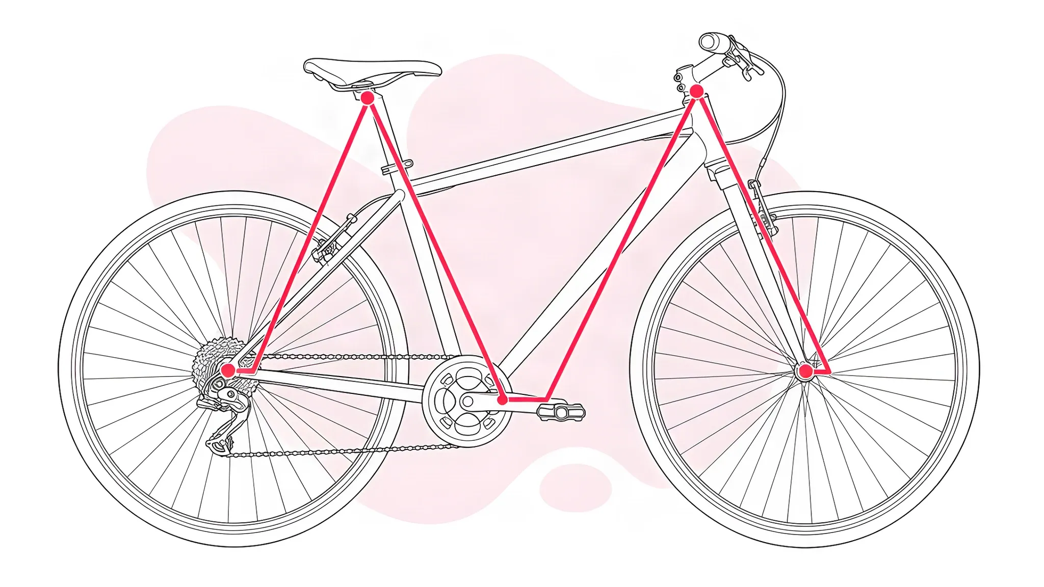 Illustration: side view of a hybrid bicycle with a raspberry line traced over it in the shape of a letter M, from the rear hub to the saddle, down to the cranks, up to the handlebars and down to the front hub