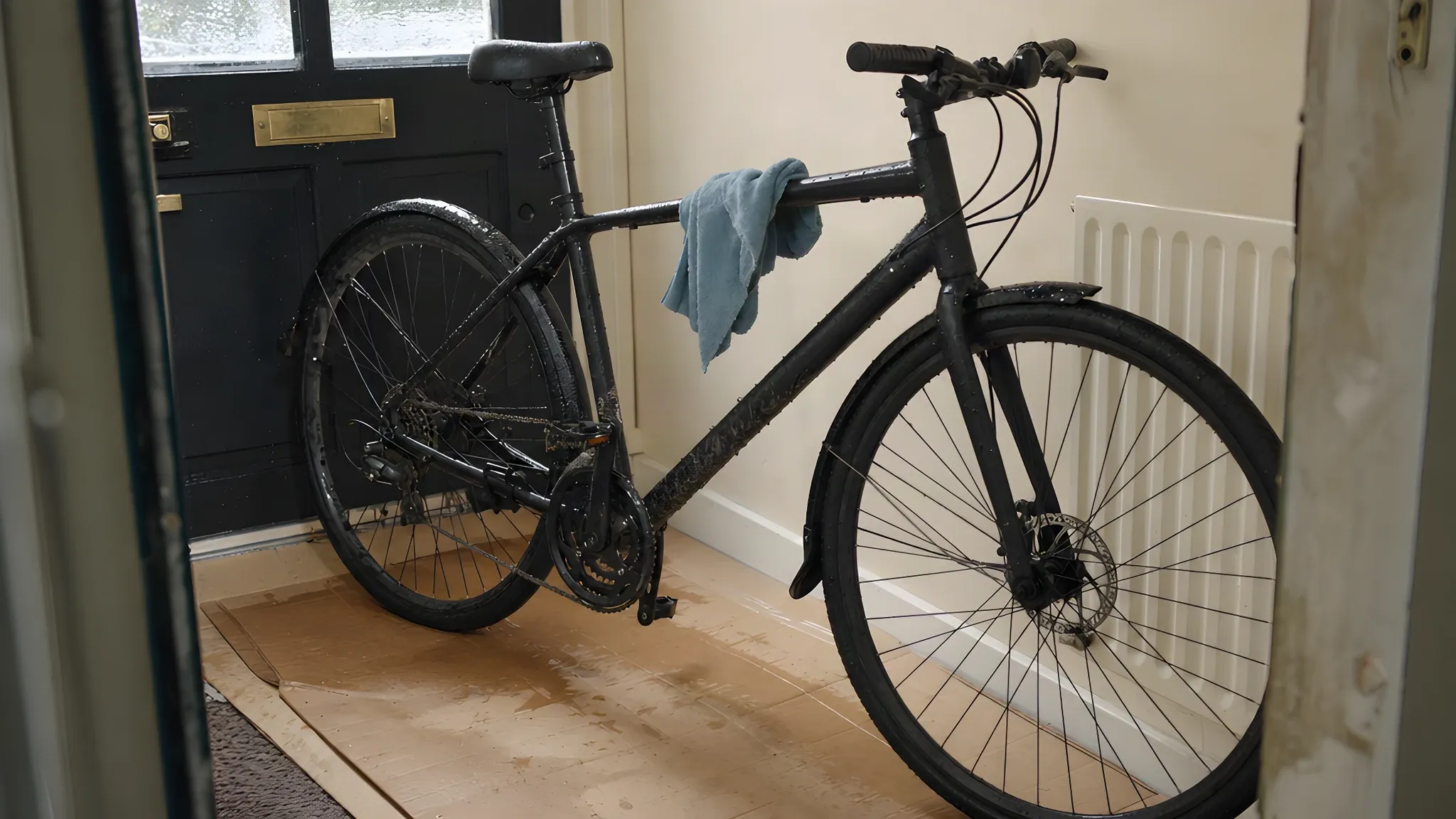 Wet hybrid bicycle with mudguards standing on a flattened cardboard box in the hallway of a London flat, water on the frame and rims and a microfibre cloth over the top tube