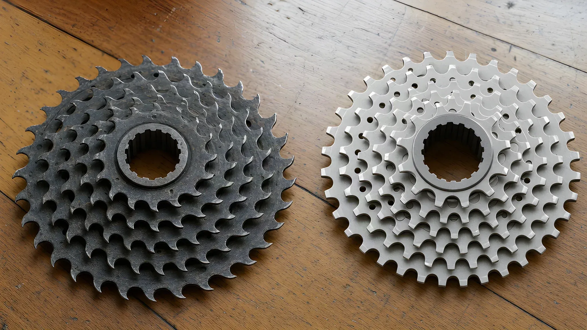 A worn, grimy rear cassette with hooked teeth next to a new silver cassette with short, even teeth, both lying on a wooden floor