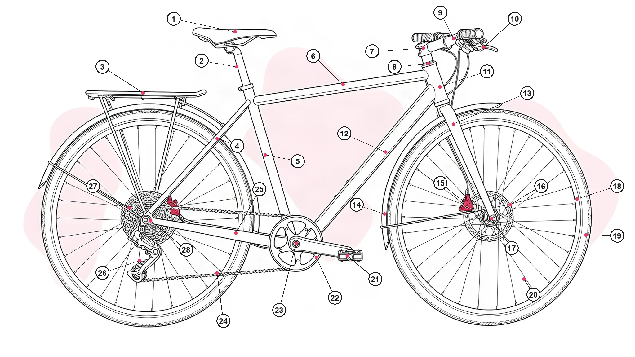 Line drawing of a city hybrid bicycle seen from the drive side, with 28 numbered callouts pointing to the saddle, frame tubes, steering, wheels, brakes, drivetrain, mudguard and rack