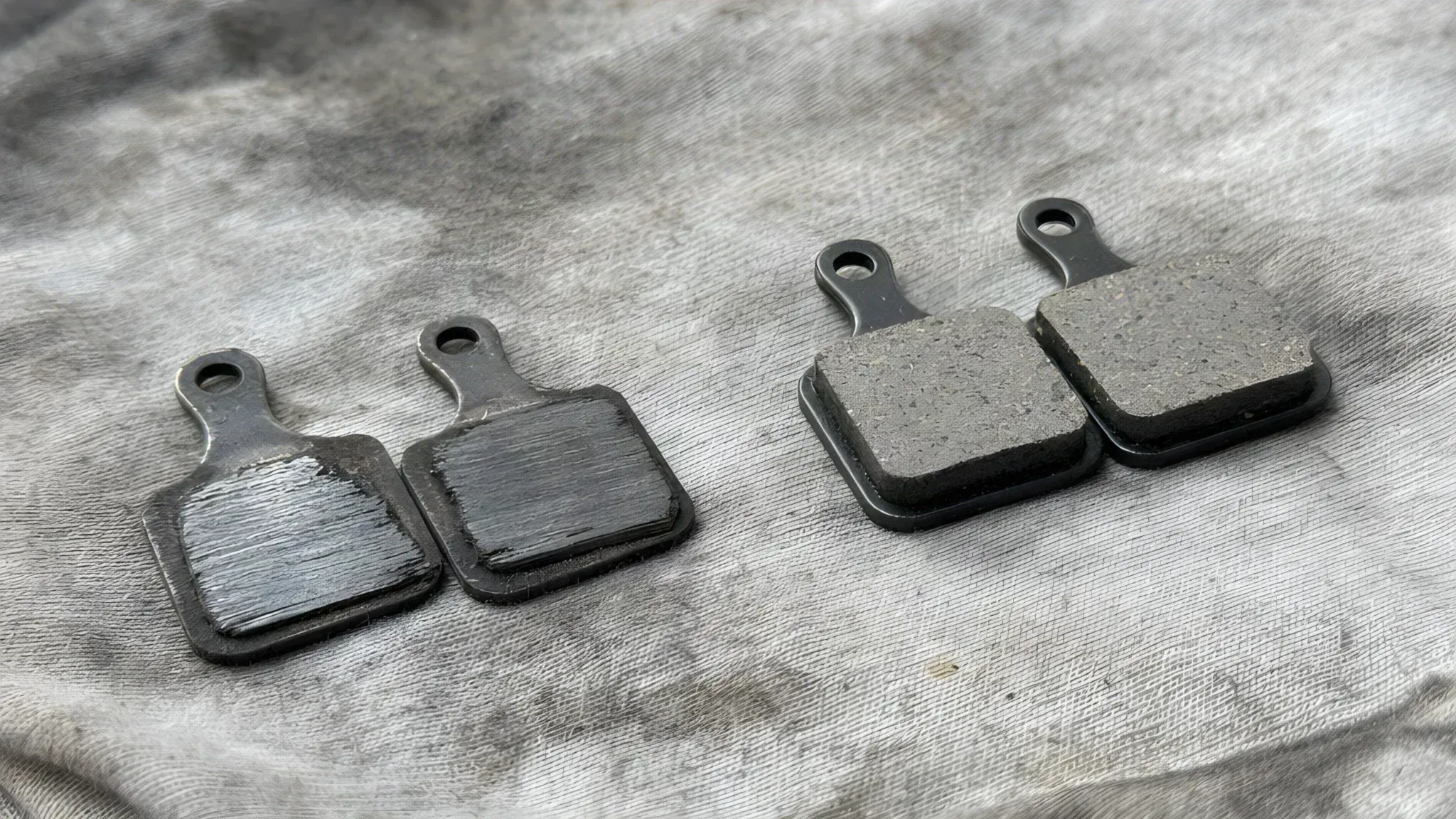 Two worn disc brake pads with a thin, glazed layer of friction material next to two new pads with a thick layer, on a grey workshop rag