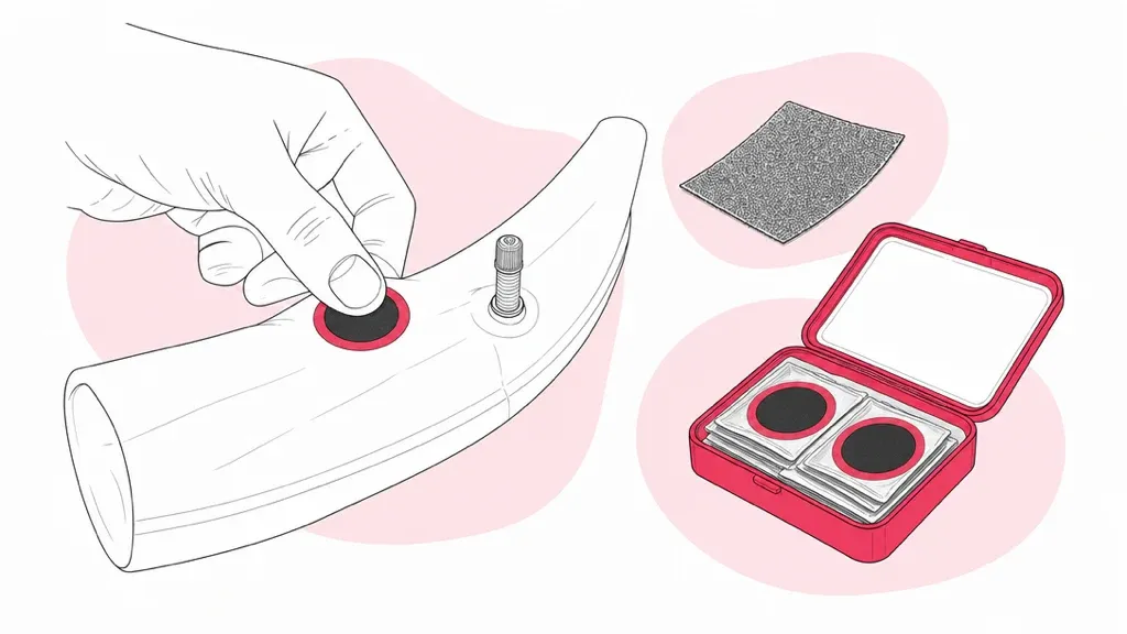 A patch being pressed onto a bicycle inner tube, with sandpaper and a puncture repair kit