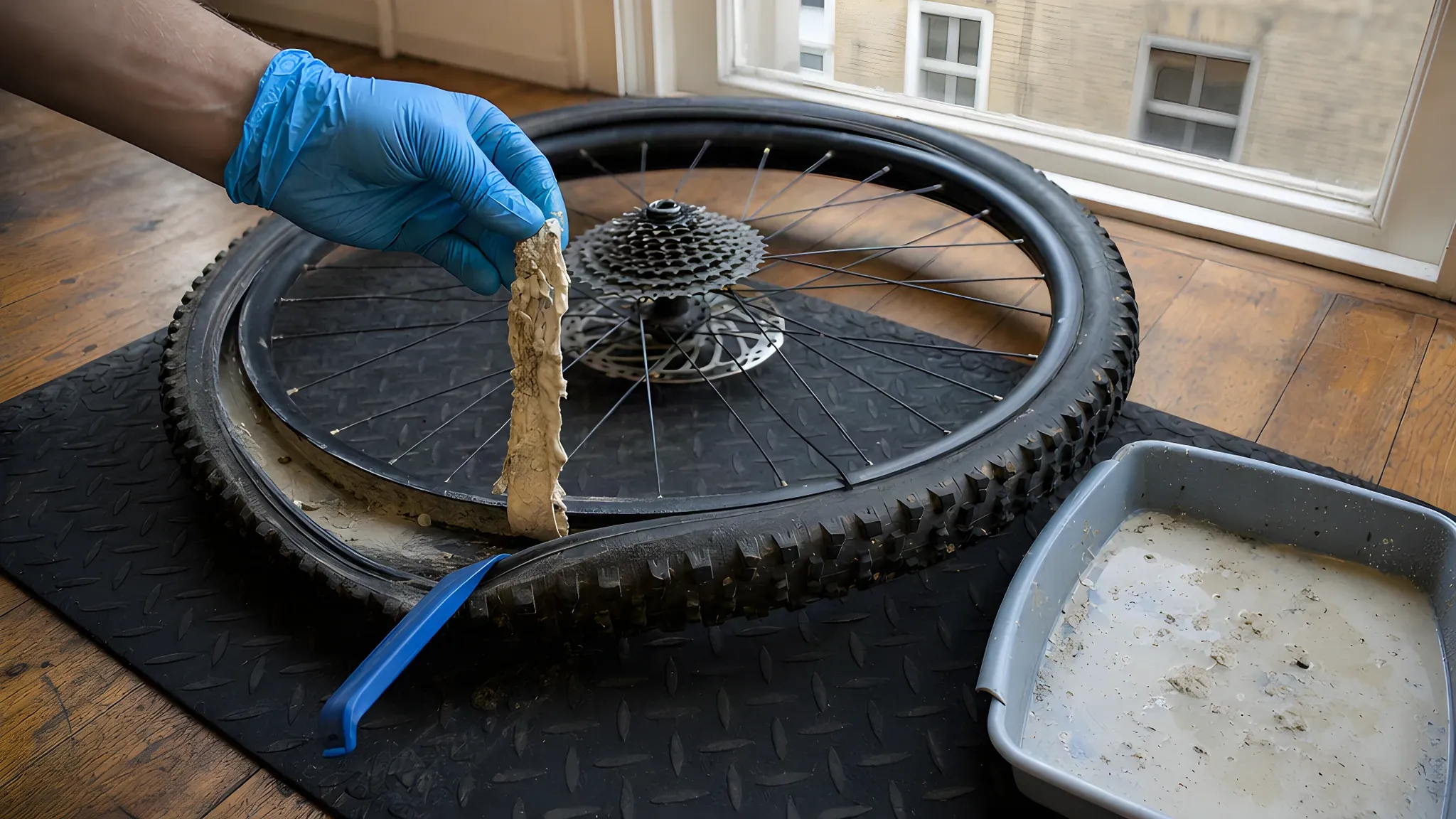 Mountain bike wheel lying flat with one bead levered off, a gloved hand lifting a strip of dried latex sealant out of the tyre, and a tray of old sealant beside it