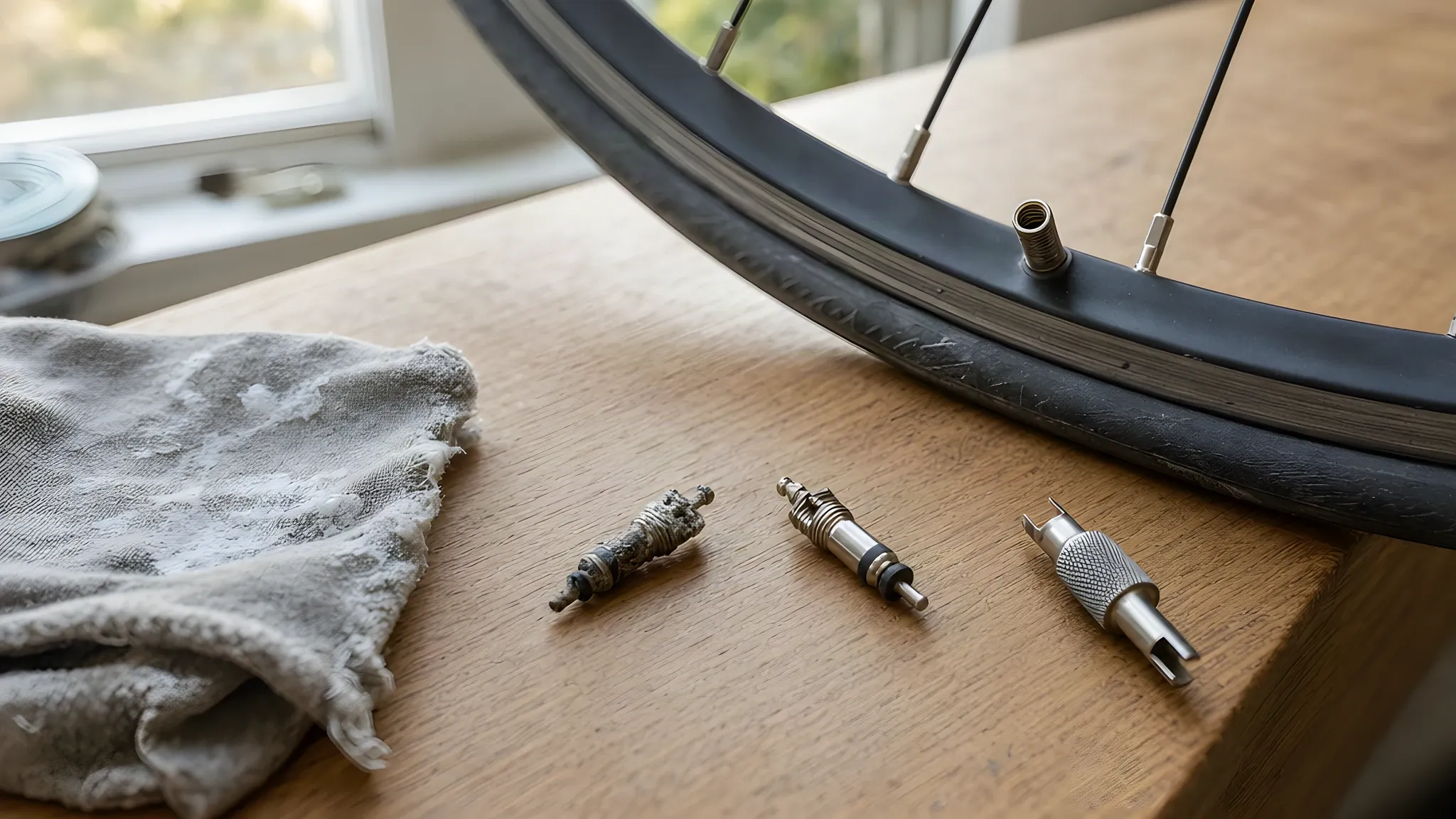 A Presta valve core crusted with dried sealant next to a clean new core and a valve core tool on a table, with the rim's empty valve stem behind
