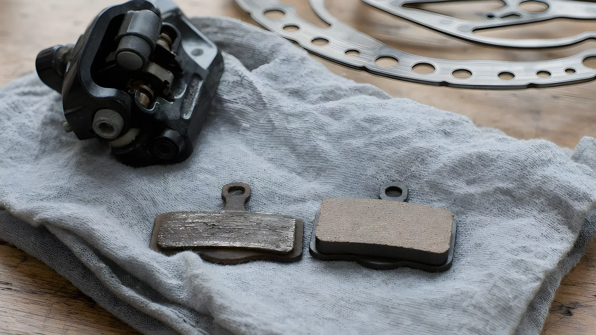 A worn disc brake pad with a thin layer of friction material next to a new pad with thick material, both lying on a grey rag with a brake calliper behind