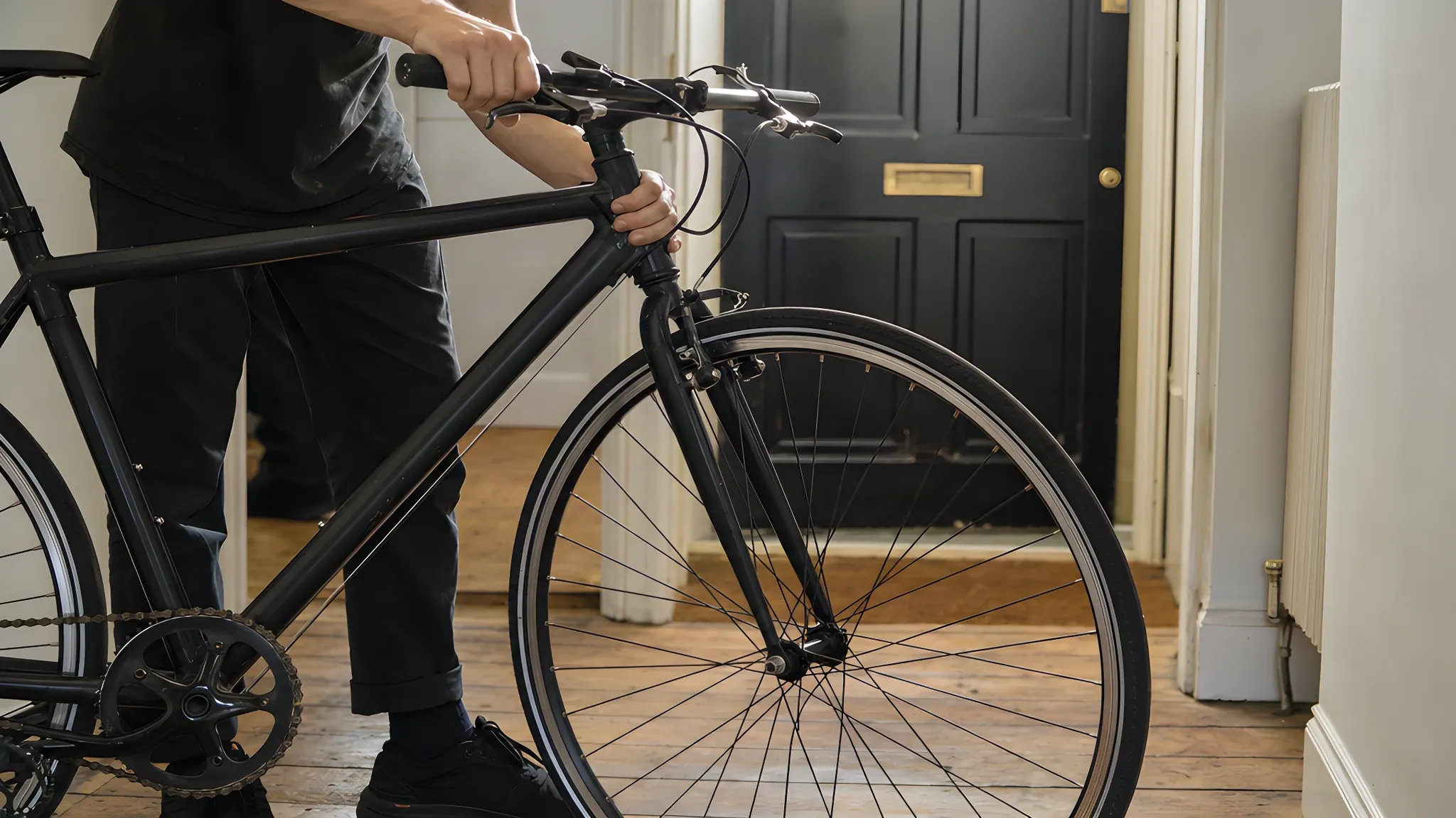 Checking a bicycle headset for play: one hand on the handlebar and brake lever, the other wrapped around the top of the head tube, bike standing in a hallway