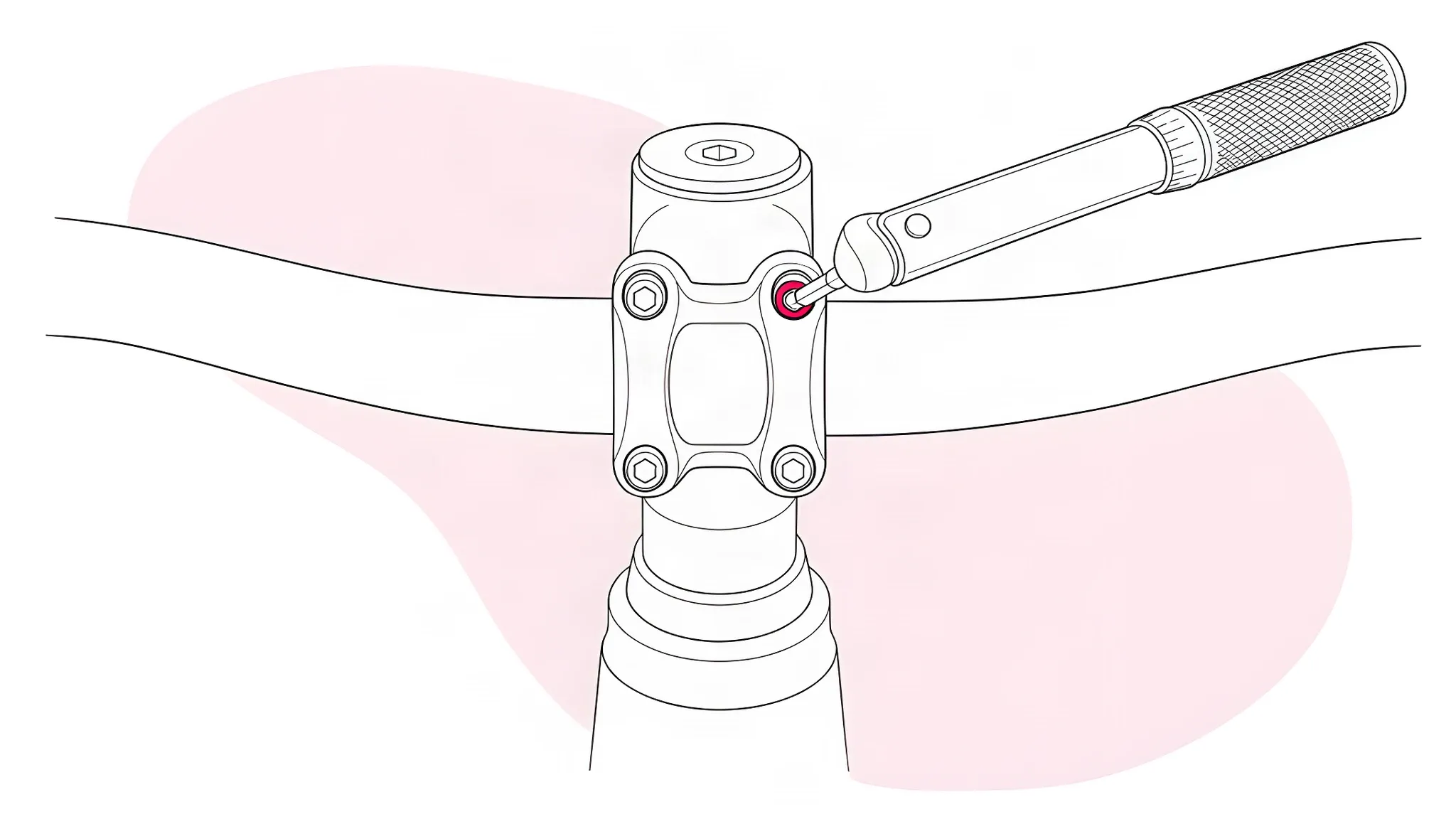 Line drawing of a torque wrench with a hex bit seated in a stem faceplate bolt, with the handlebar, steerer top cap and fork visible