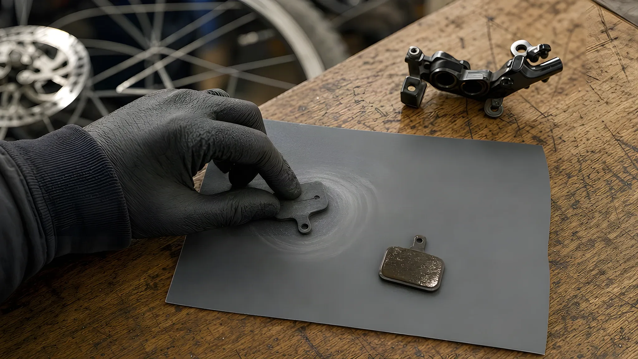 Two disc brake pads out of the caliper on a sheet of sandpaper on a workbench: one pad face still glazed and shiny, the other rubbed back to a matt grey