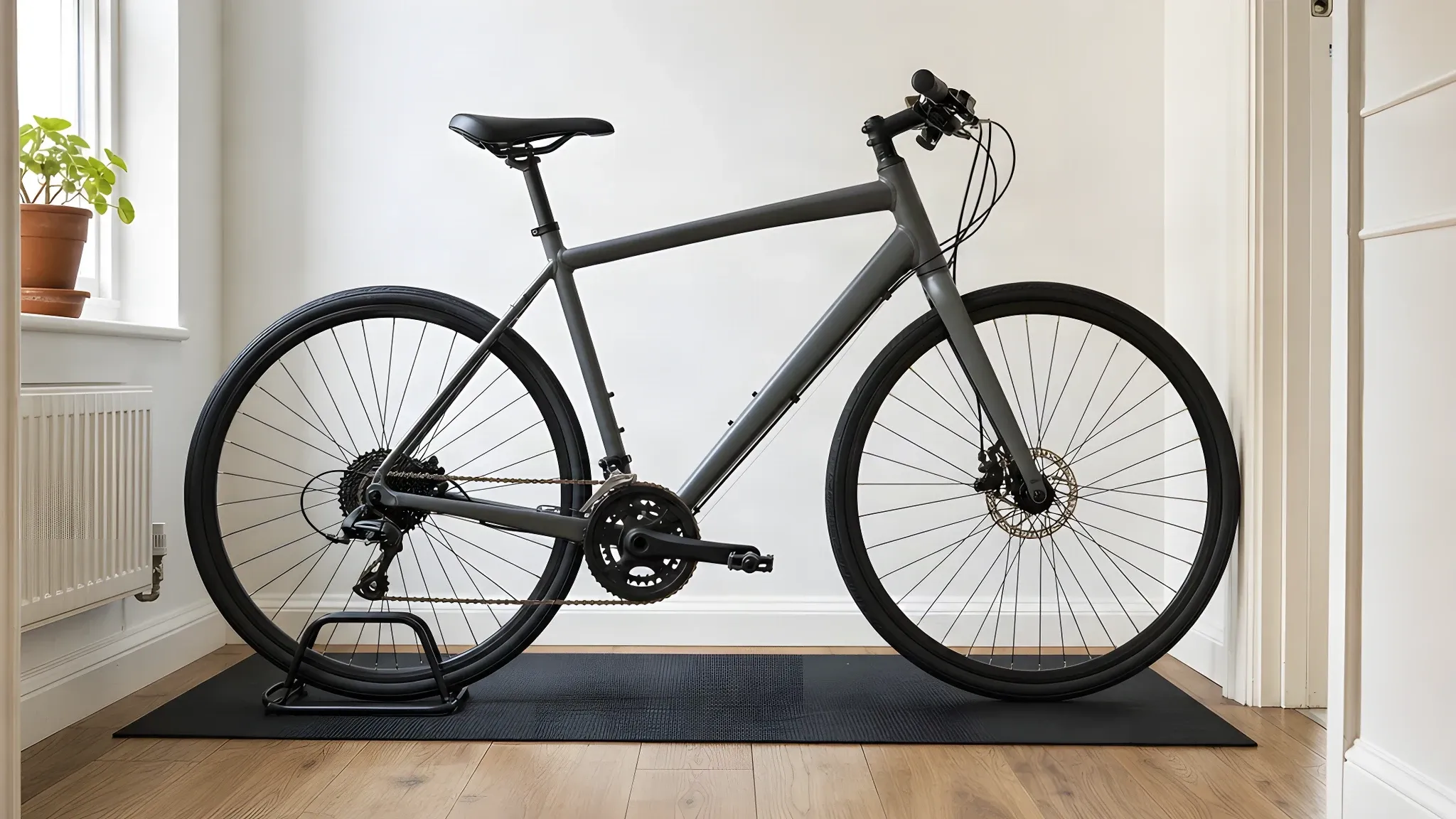 Hybrid bicycle held upright by its rear wheel in a freestanding floor stand on a rubber mat in the hallway of a flat