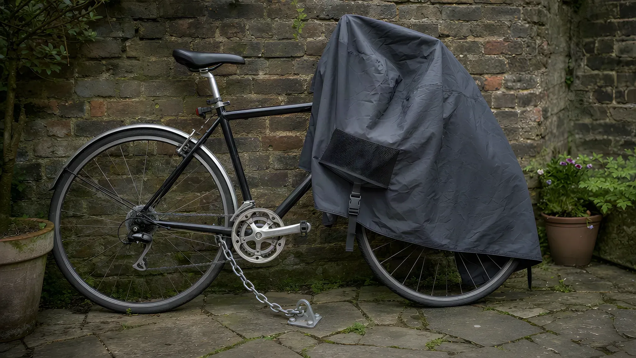 Bicycle in a back garden with a vented bike cover pulled over the front half, a buckle strap under the frame and a chain lock running to a ground anchor in the paving