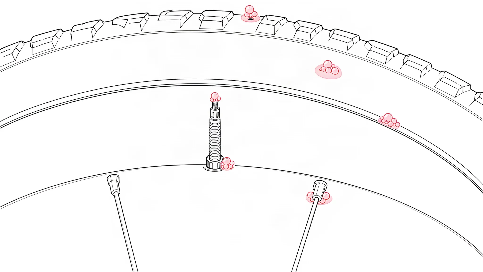 Line drawing of a section of bicycle rim and tubeless tyre with small clusters of bubbles at the valve core, the valve base, a spoke nipple, the bead line, the sidewall and a hole in the tread