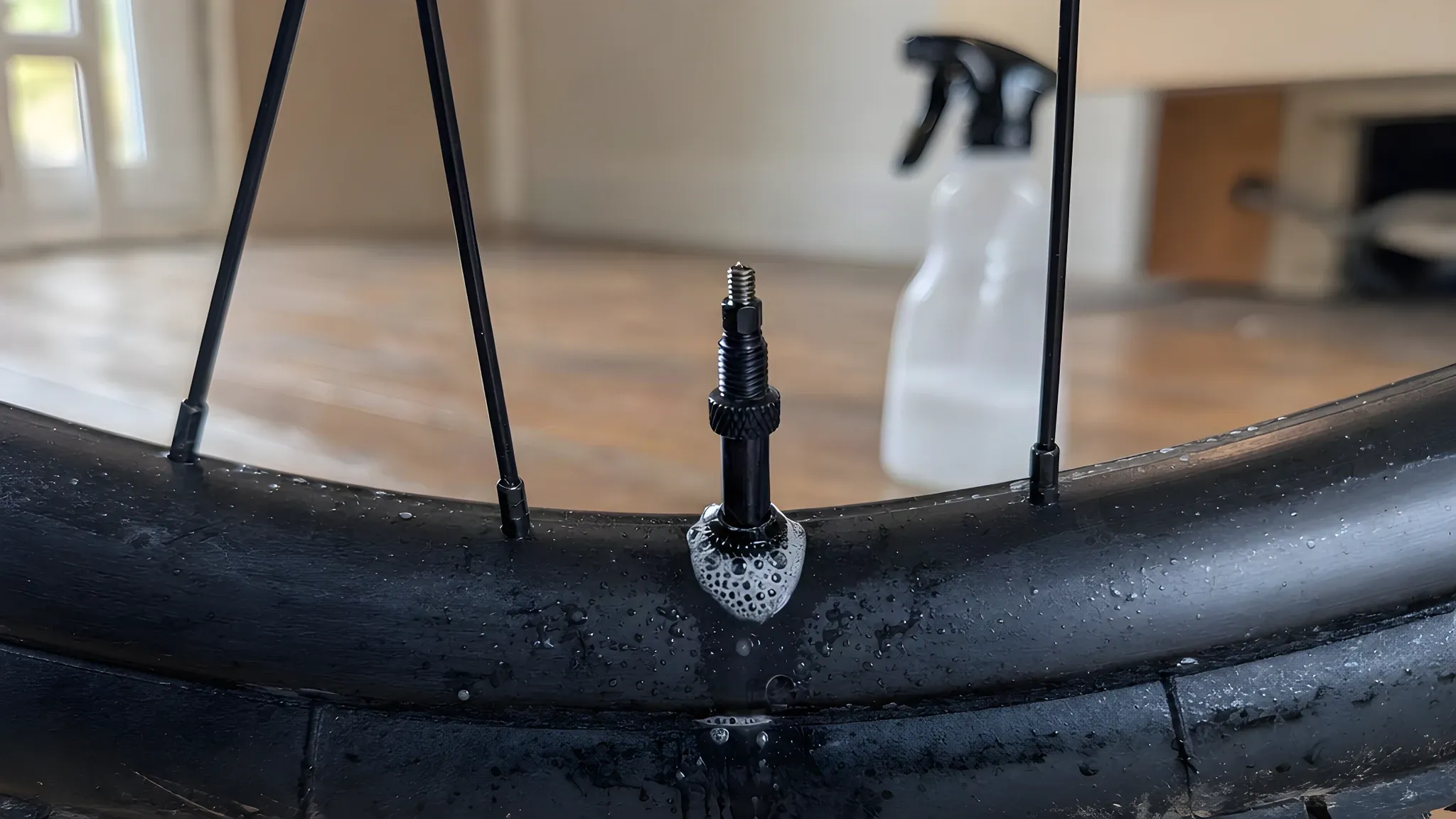 Close-up of a tubeless presta valve on a dark aluminium rim with soapy water sprayed over it and a ring of small bubbles forming where the rubber valve base meets the rim