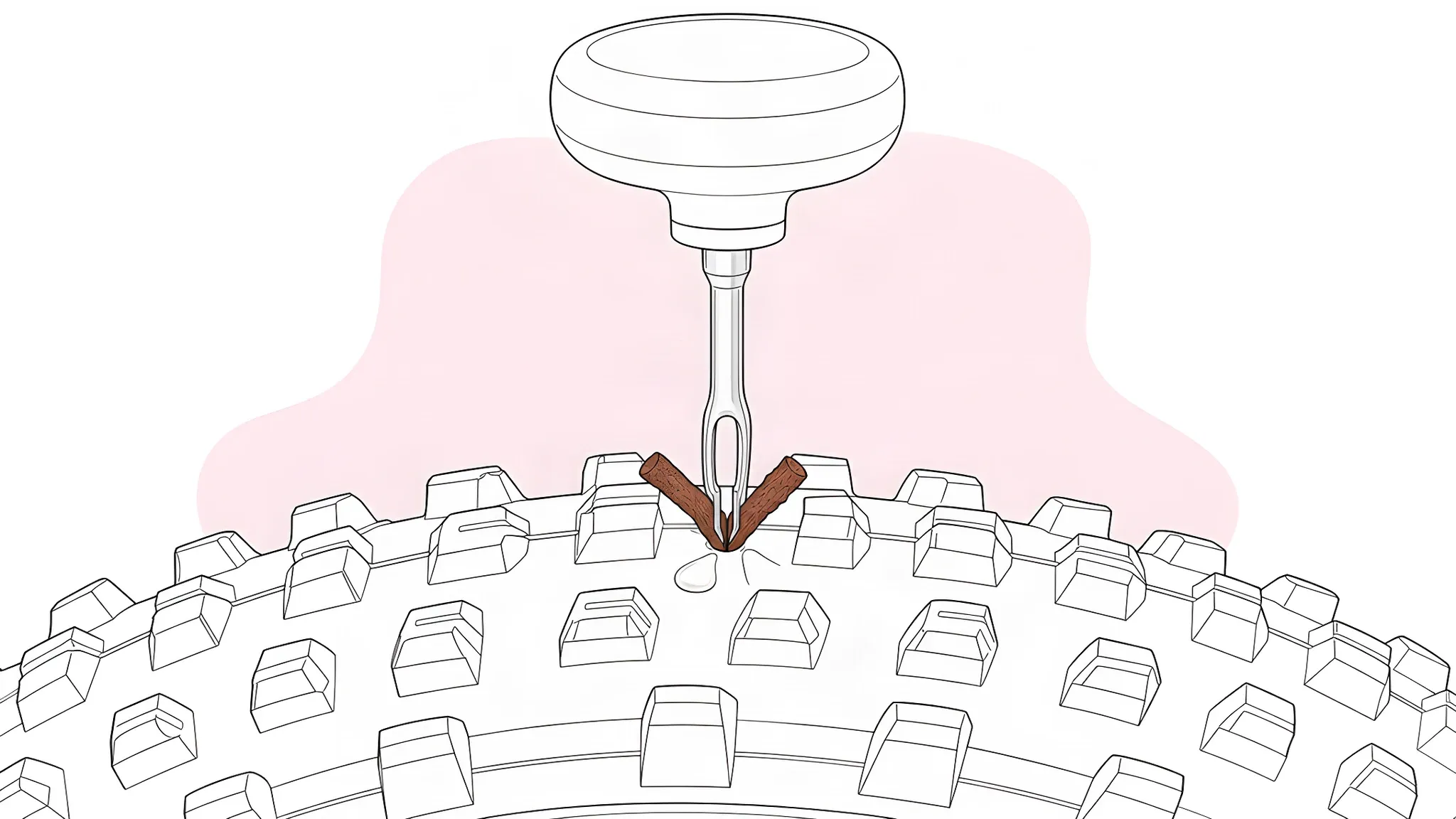Close-up of a knobbly tubeless tyre tread with a fork-type plug tool pushed into a small hole, a sticky rubber plug strip folded through the fork with two tails outside, and a drop of sealant beside the hole