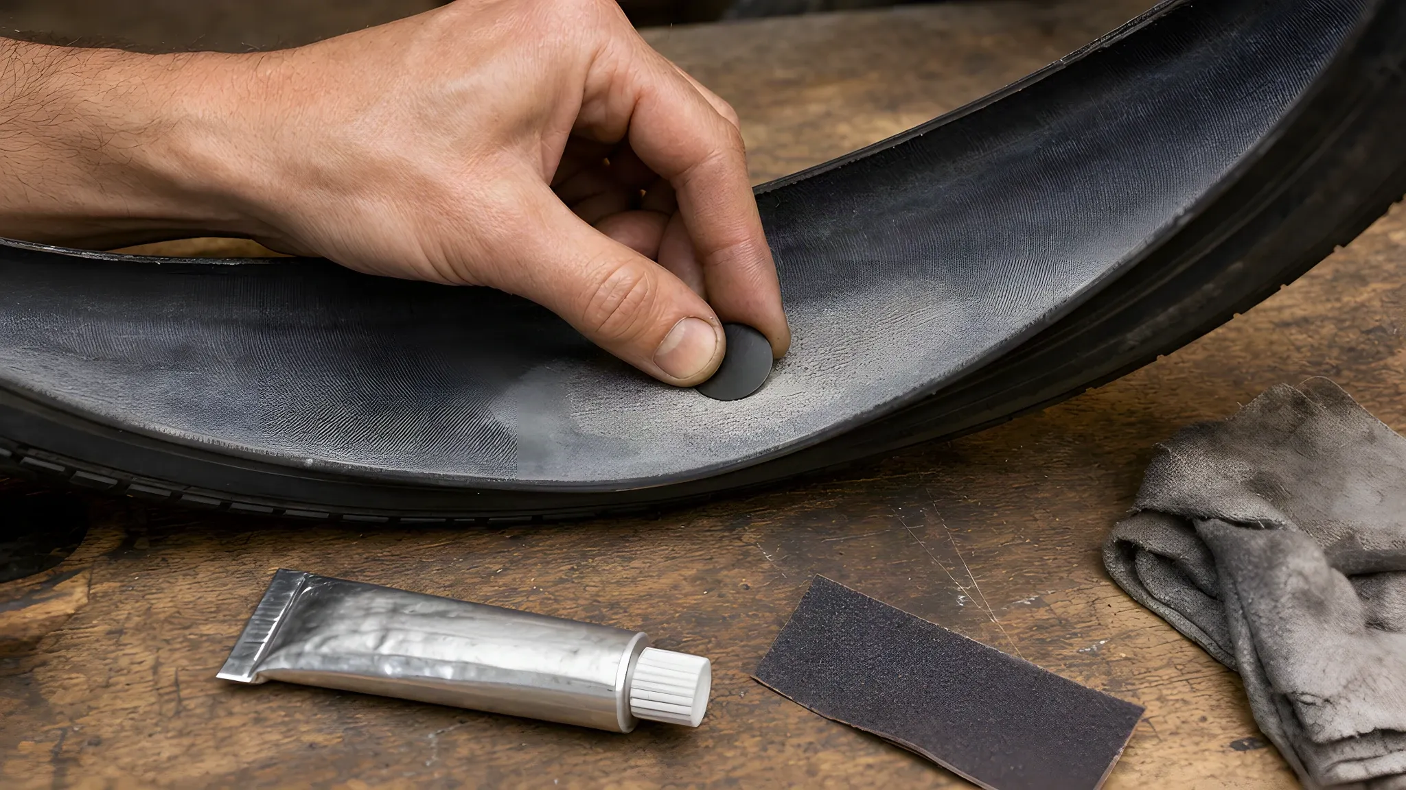 A tubeless tyre off the wheel on a wooden workbench, turned to show the inside of the casing, with a hand pressing a small round black patch onto a sanded spot, beside a tube of vulcanising solution, a strip of sandpaper and a rag