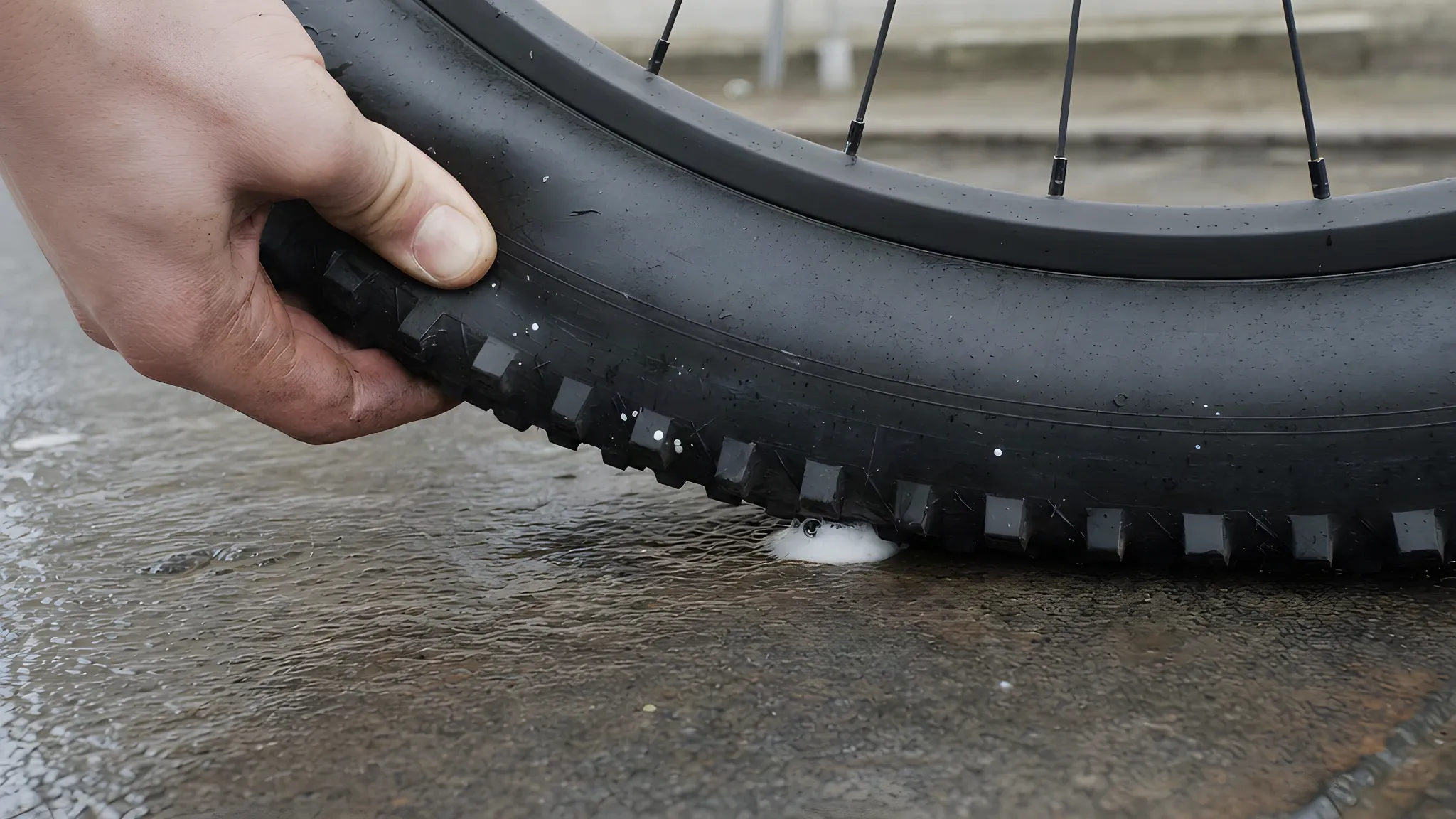 A hand holding the knobbly tubeless tyre of a mountain bike wheel on a wet pavement, with white sealant foam bubbling out of a small hole in the tread where it meets the ground