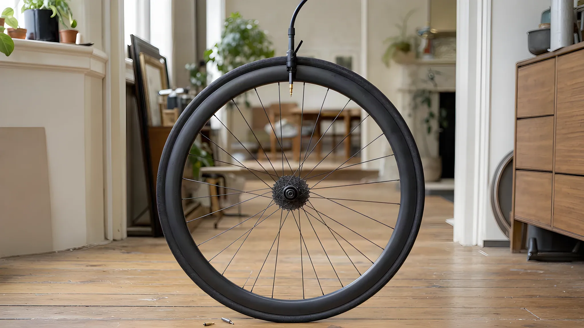 Tubeless road wheel standing upright on floorboards with a track pump head locked onto the Presta valve at the top, the valve core removed, and the small core and a core tool lying on the floor beneath the wheel