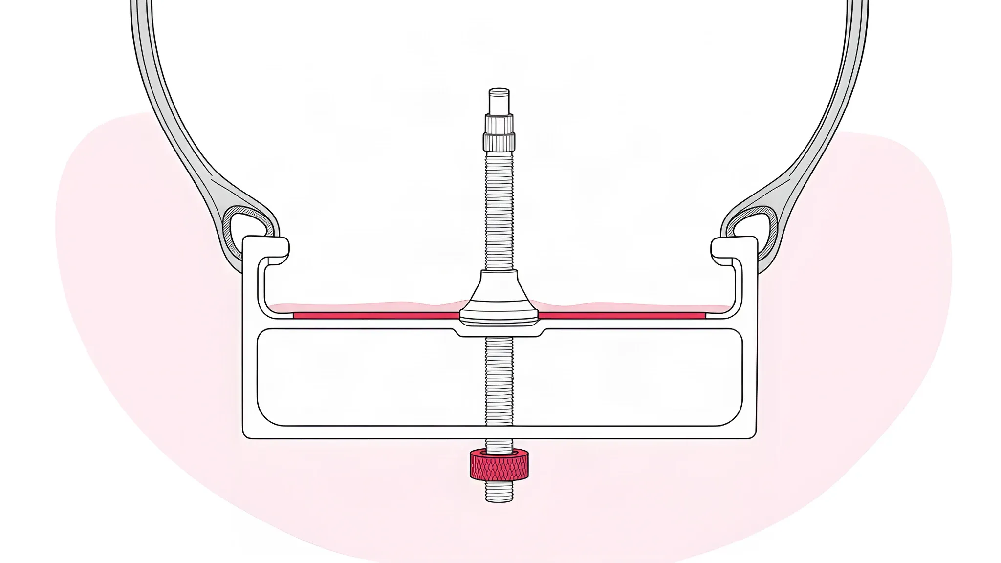 Cross-section of a hooked tubeless bicycle rim and tyre at the valve: rim tape covers the rim bed, the valve's conical rubber base sits on the tape in the centre channel with the lock ring below the rim, and both beads sit under the hooks