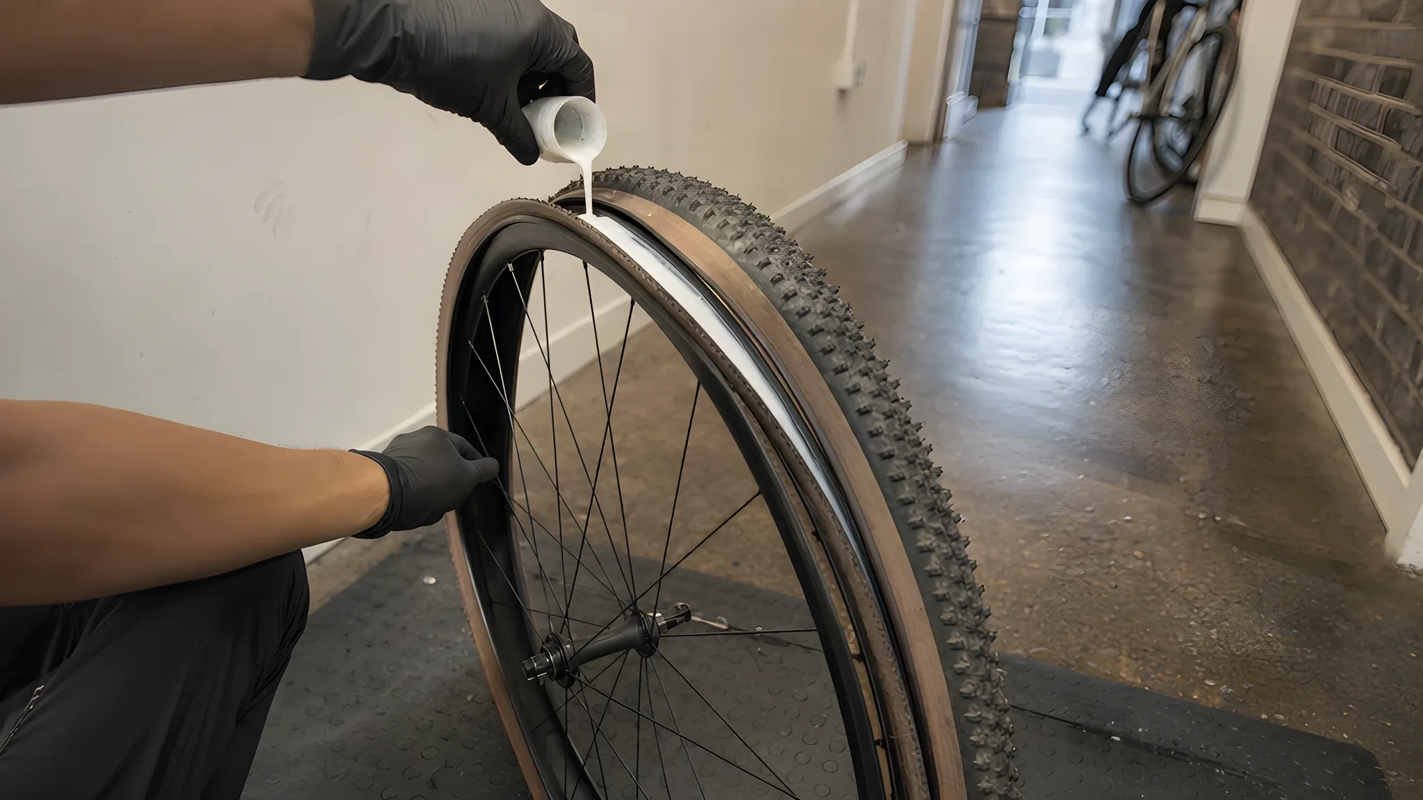 White tubeless sealant being poured from a measuring cup into the open section of a gravel bicycle tyre, one bead fitted and the second bead on except for a gap at the top, the wheel held at an angle on a mat