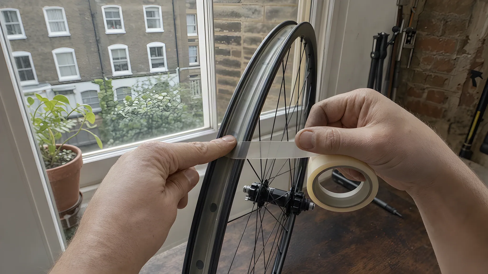 Mechanic's thumb pressing tubeless rim tape into the centre channel of a bare bicycle rim, the tape pulled taut from a roll in the other hand, with spoke holes showing through the tape
