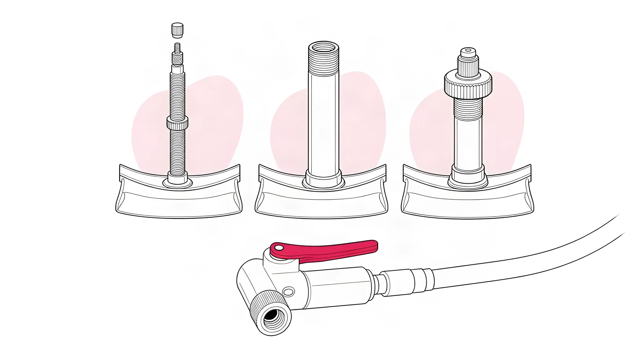 Three bicycle valve types side by side, a slim Presta valve, a wider Schrader valve and a Woods valve with its ring nut, with a track pump head in front