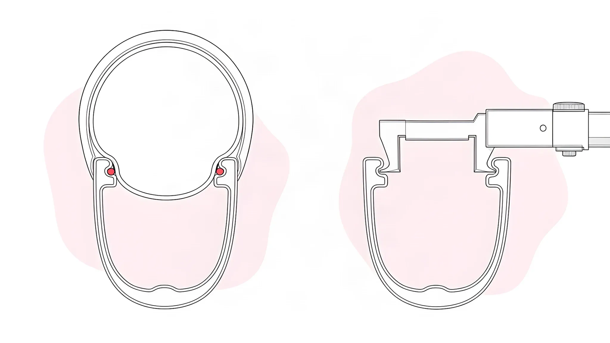 Two cross-sections of a bicycle rim: on the left a tyre and inner tube fitted with both beads held under the rim hooks, on the right the empty rim with callipers measuring the internal width between the rim walls