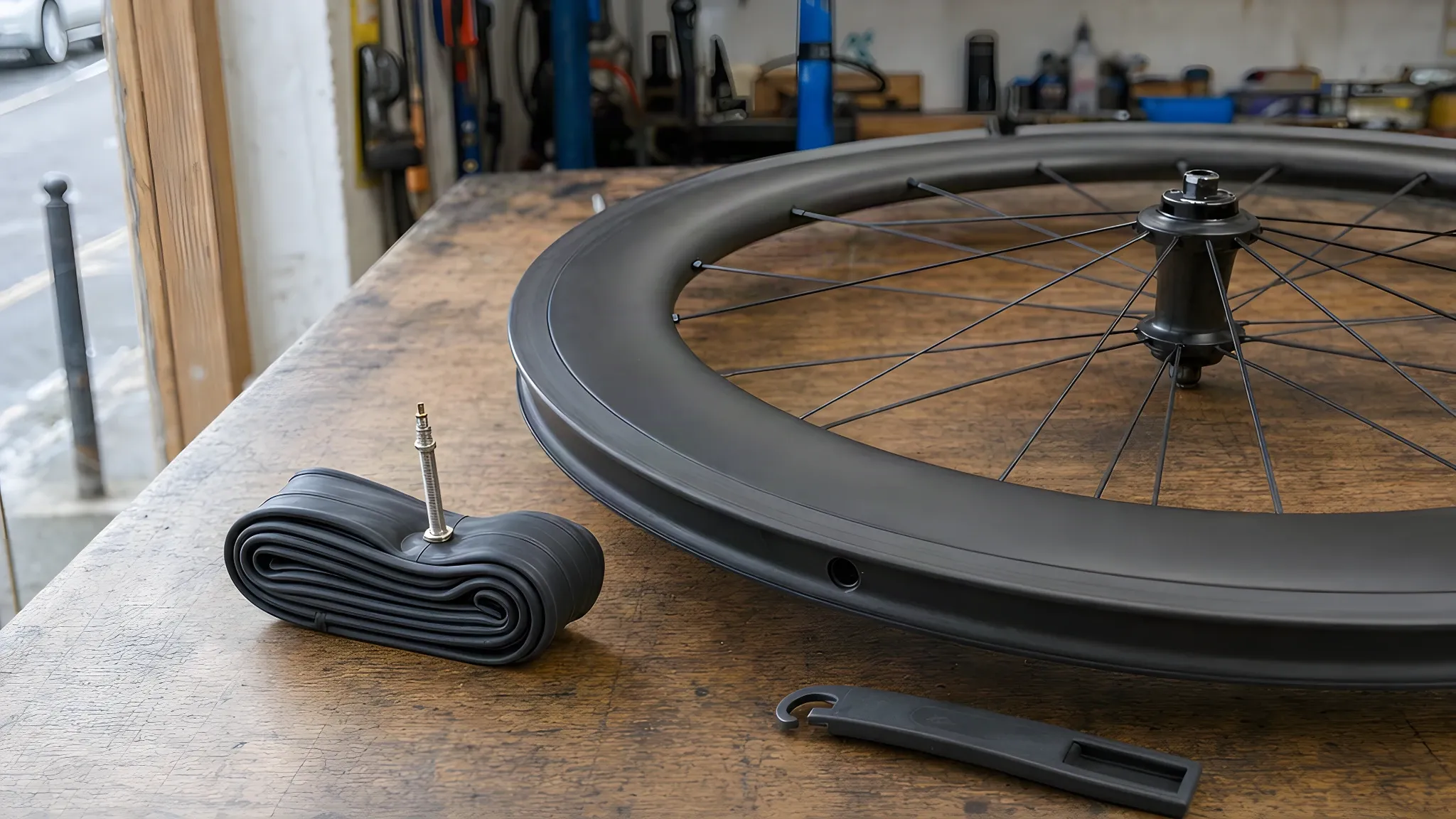 A folded inner tube with a long Presta valve on a workshop bench next to a bare deep-section road wheel, with the valve hole in the rim bed and a tyre lever beside it