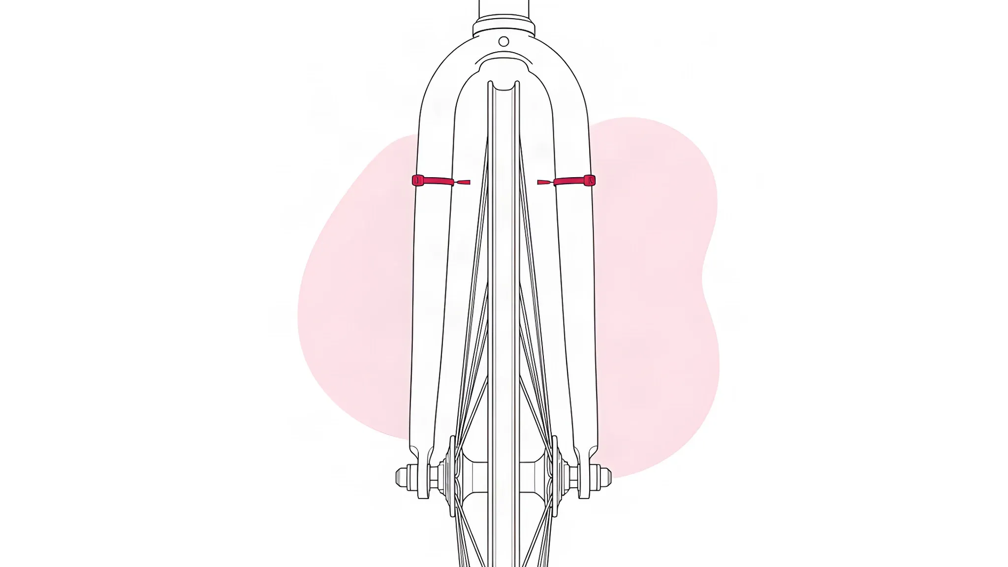 Front view of a bicycle fork with a bare rim between the blades and a zip tie on each fork blade, its tail pointing at the side of the rim as a gauge for sideways wobble